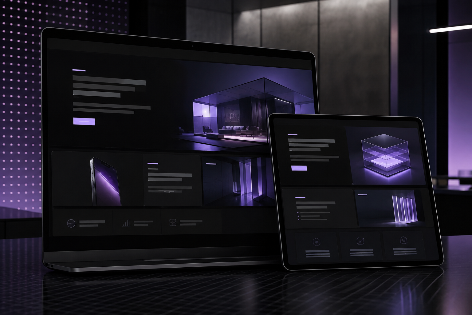 Website institucional responsivo exibido em notebook e tablet